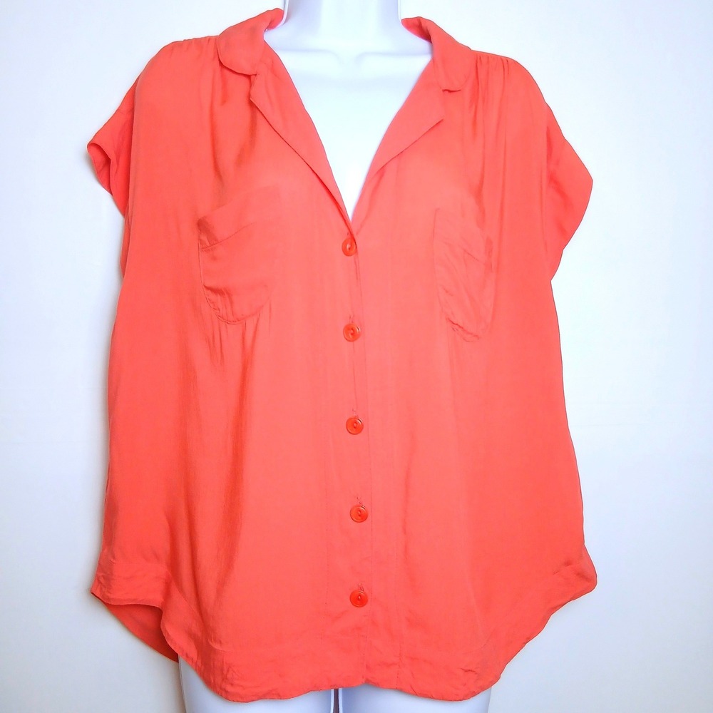 Maeve Anthropologie Coral Button Down Blouse M Dolman Sleeve Pockets Dopamine